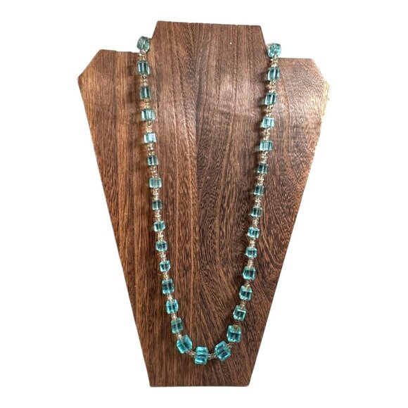 Vintage Aqua Blue & Clear Glass Beaded Graduated Necklace 28" Square Beads Teal - Picture 2 of 7